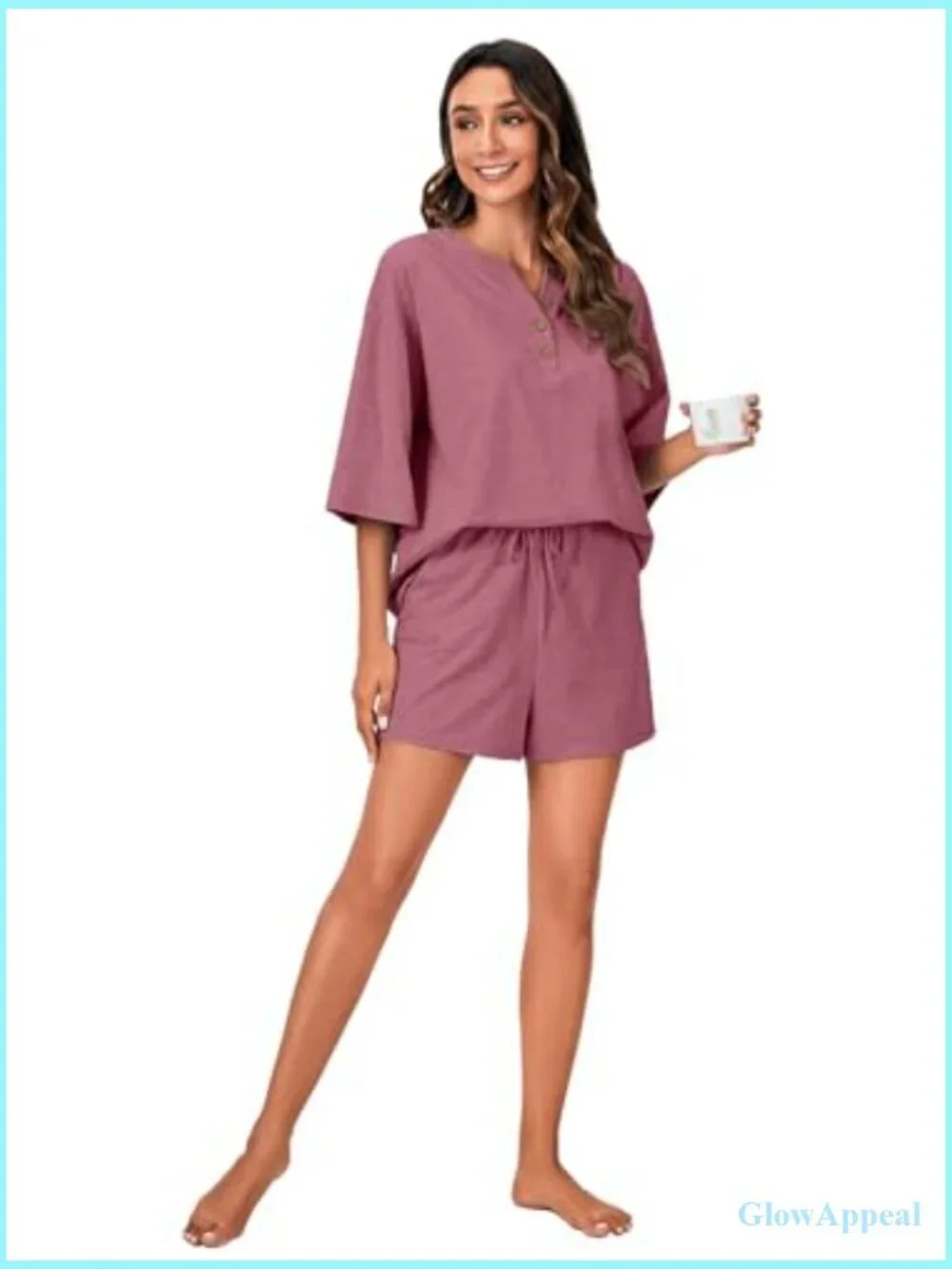 Women's 3/4 Sleeve Button Down Pajama Set with Shorts and Pockets